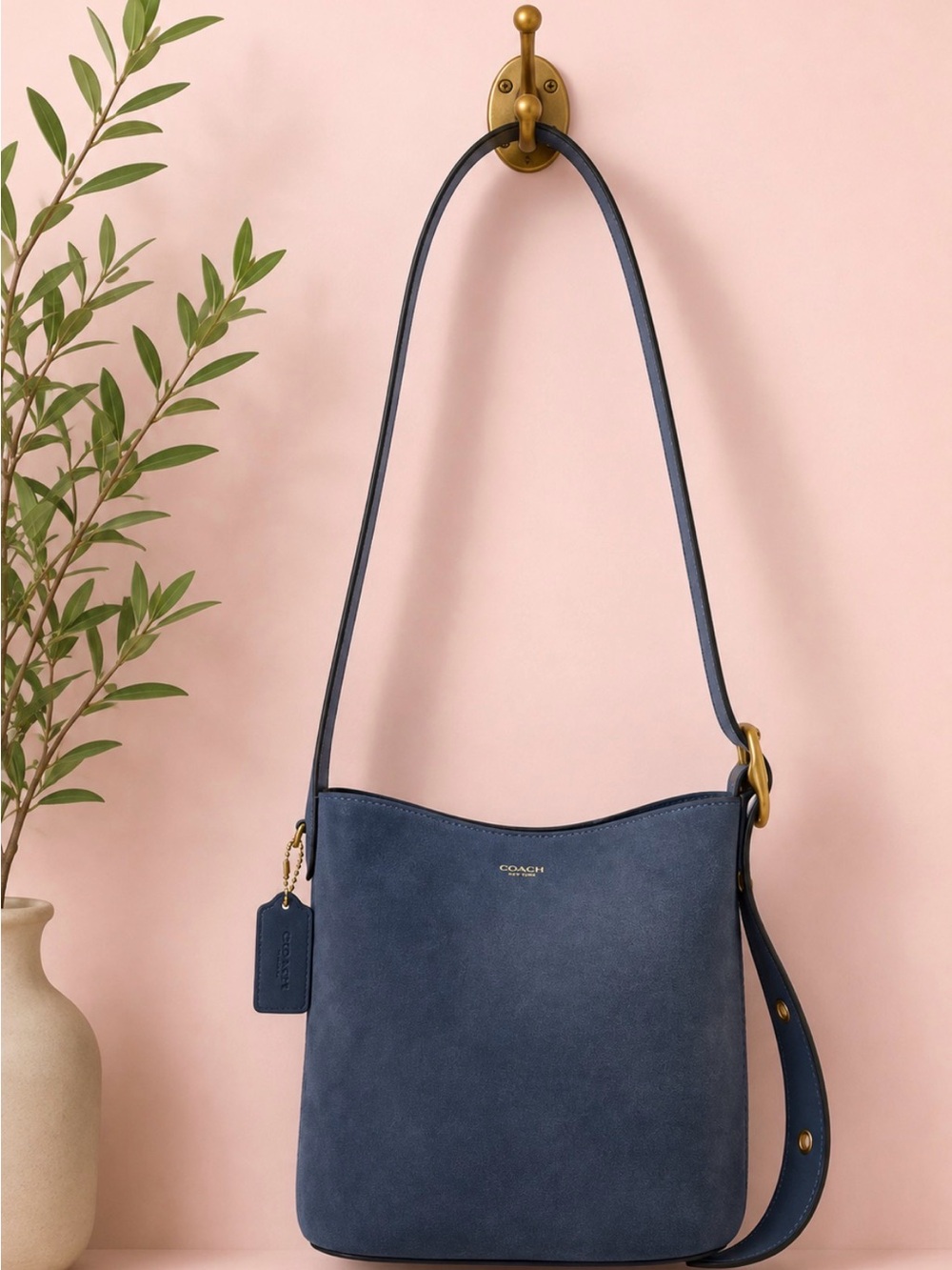 Coach Bleeker Bucket Bag in Light denim blue suede